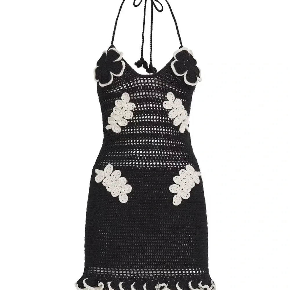 PatBI Black Crochet Halter Mini Dress with White Floral Appliqués - Picture 2 of 12